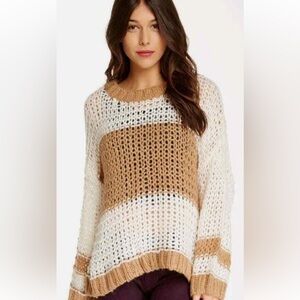 Free People Monaco ivory and brown striped open work knit sweater size M